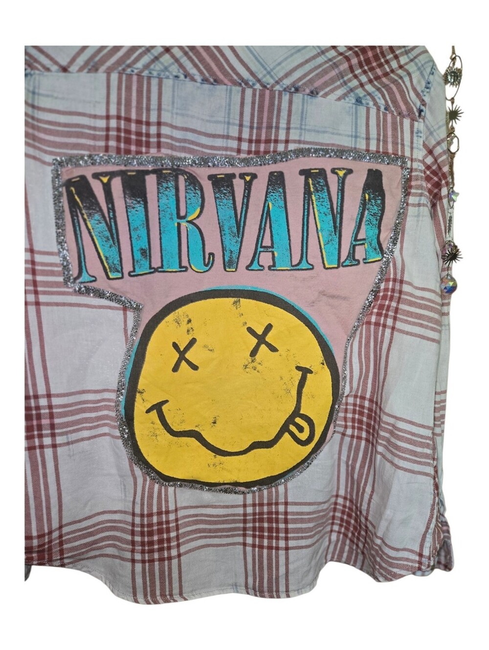 Upcycled Nirvana Shirt Bleached Plaid Long Sleeve Button Down Shirt210 - Picture 4 of 5